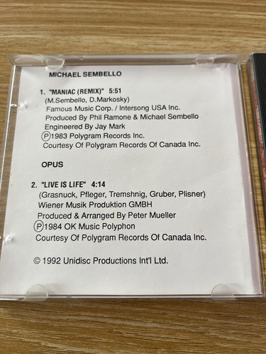 Michael Sembello Maniac Remix Opus Live Is Life Cd 1992 Edición Limitada (Usado)