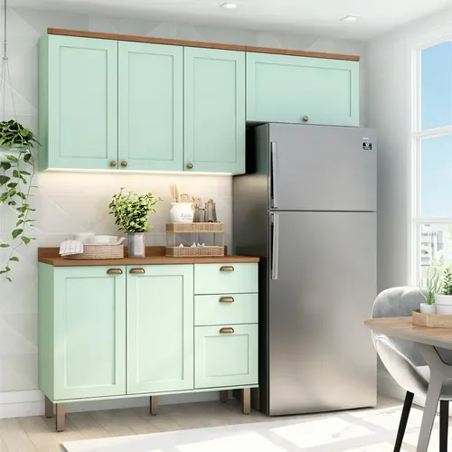 Cozinha Compacta  Com Tampo 6 Portas 3 Gavetas Iluminata Verde Mint