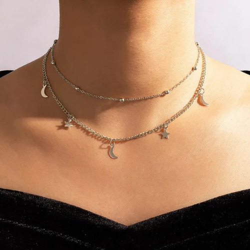 Colar De Prata Feminino Delicado Luxo Cordão Moderno Luas Es