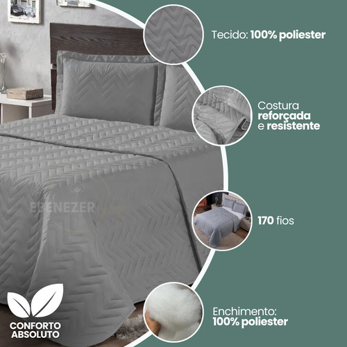 Colcha Cobre Leito Matelado 3 Peças Queen Padrão Dupla Face Cama Posta Quarto Cor Cinza