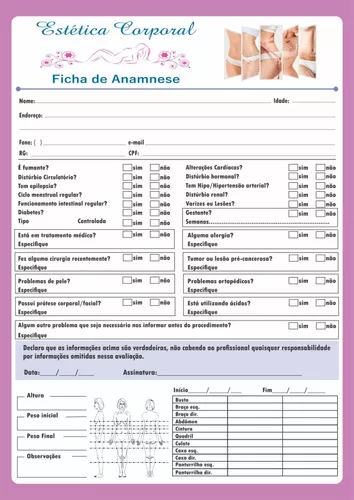Ficha De Anamnese Estética Corporal (Bloco c/ 100 Folhas)