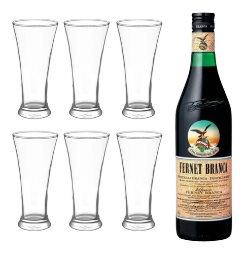 Vasos Vidrio Trago Largo 6 Unidades + Fernet Botella 750 Ml