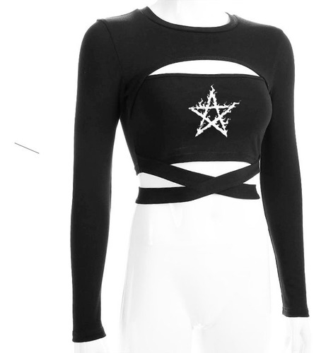Imagen 2 de 5 de Top Manga Larga Escote Estampa Enlazado Punk Gótico Metal