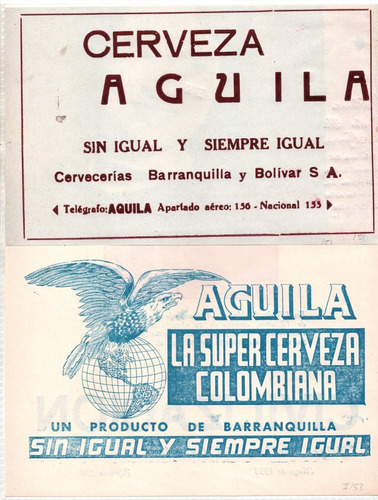 Cerveza Águila Barranquilla Bavaria Avisos De 1951 Y 1953