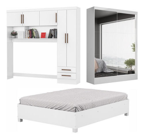 Quarto Modulado Casal Espelho E Cama Belém Carioca Móveis Cor Branco