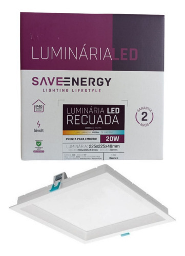 Luminaria Led 20w Embutir Recuado Save Energy 4k Neutro 20cm Cor Branco 110V/220V