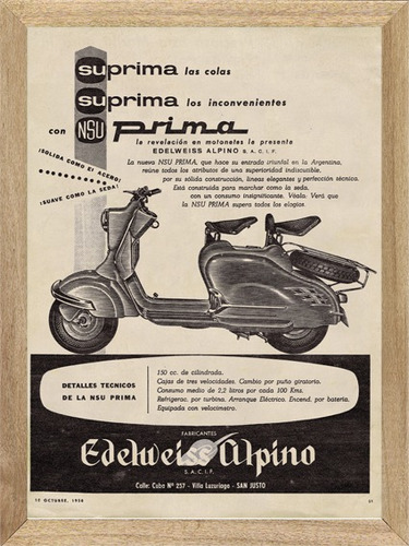 Nsu  Prima , Moto, Cuadro, Poster, Publicidad       P257
