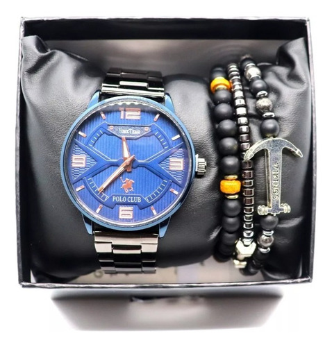 Reloj Polo Club Para Hombre Con Pulseras De 2581 Correa Azul Cromo Bisel Negro Metálico Fondo Azul Oscuro