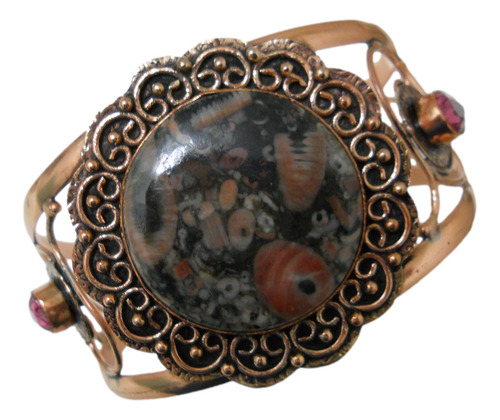 Pulsera De Cobre Con Bellos Fósiles Crinoideos Y Rubelitas