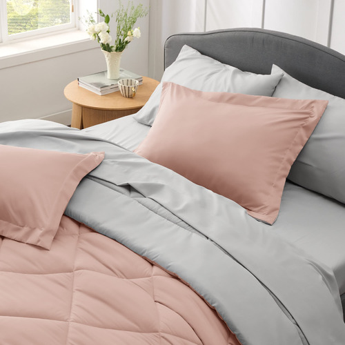 Juego Edredon Y Ropa De Cama Individual Rosa Claro Y Gris