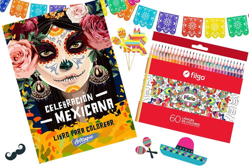 Libro P Colorear Celebración Méxicana - Mandala + 60 Lápices