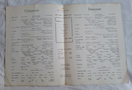 Antiguo Menu Barco Italia Primera Clase M. Vellani Marchi (Usado)