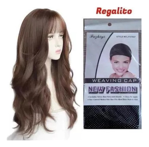 Peluca De Cabello Humano Largo Y Rizado Marrón Con Flequillo