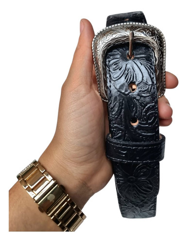 Cinto Vaquero Unisex Cincelado Flores Taurino Negro Cincelado Flores 36