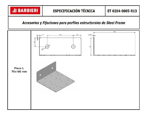 Imagen 3 de 6 de Anclaje L 160x70mm Barbieri Steel Frame