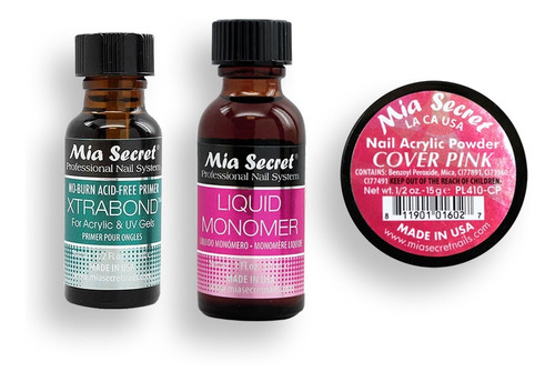 Mia Secret Liquido 30ml, Cover Uñas 15gr, Primer 15ml. Nice