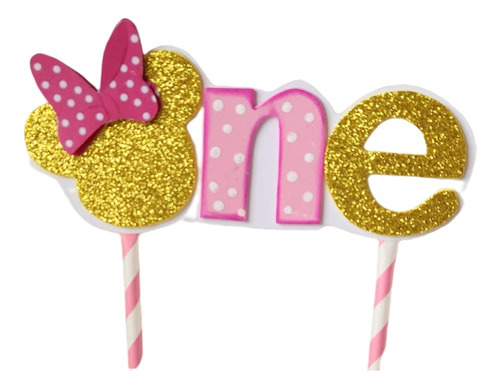 Cake Topper - Adorno Torta - One Minnie, Rosa Y Dorado