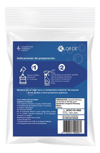 Klor De 1000ppm Desinfectante+ Detergente Sobre 1 Tableta