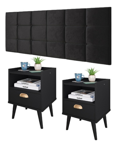 Kit Quarto Casal 2 Mesinhas Cabeceira King Size Rápido Cor Preto | Preto Suede