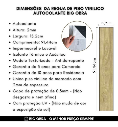 Piso Vinílico Autoadesivo 2mm Régua Madeira Big Obra 13m2
