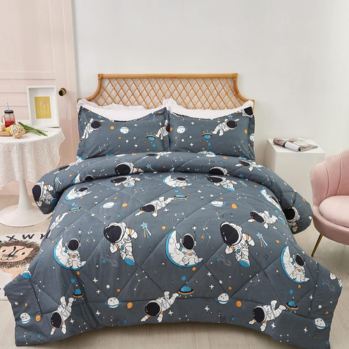 Juego De Edredón Gris Astronauta Para Niños 2 Pzs