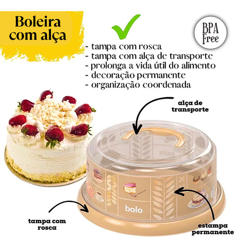 Boleira Plasútil Redonda Com Tampa Rosca Decorada - Bege