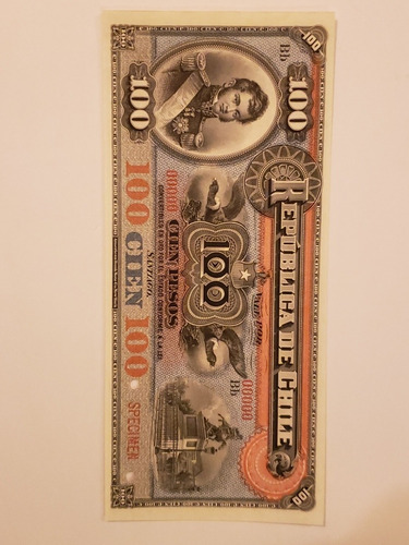 Billete  100 Pesos República De Chile, Especimen.