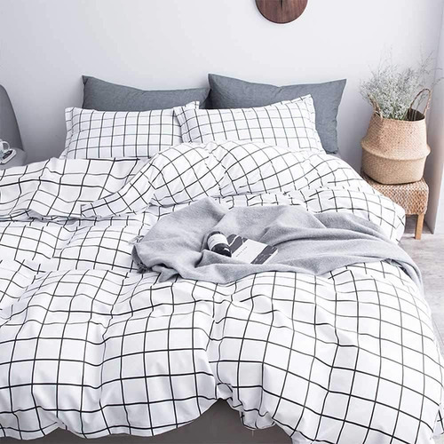 ~? Nanko Duvet Cover Set Full Size White Grid, 80x90 Soft Be