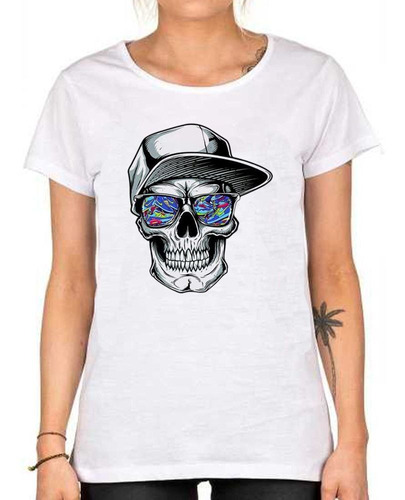 Remera De Mujer Calavera Cool Con Anteojos Y Gora