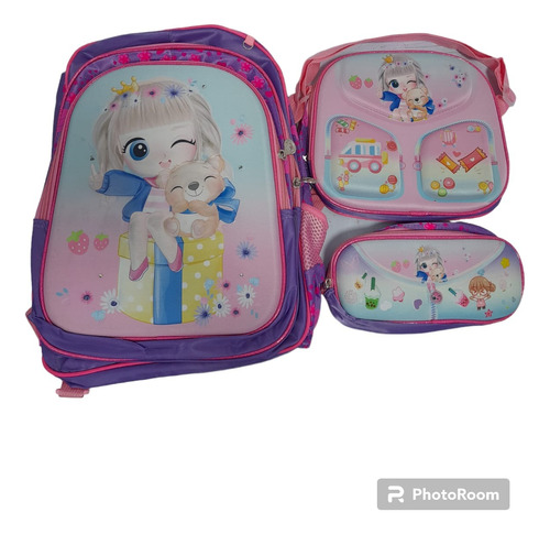 Set 3pc Mochila Con Rueda Escolar+lonchera+cartuchera Niños