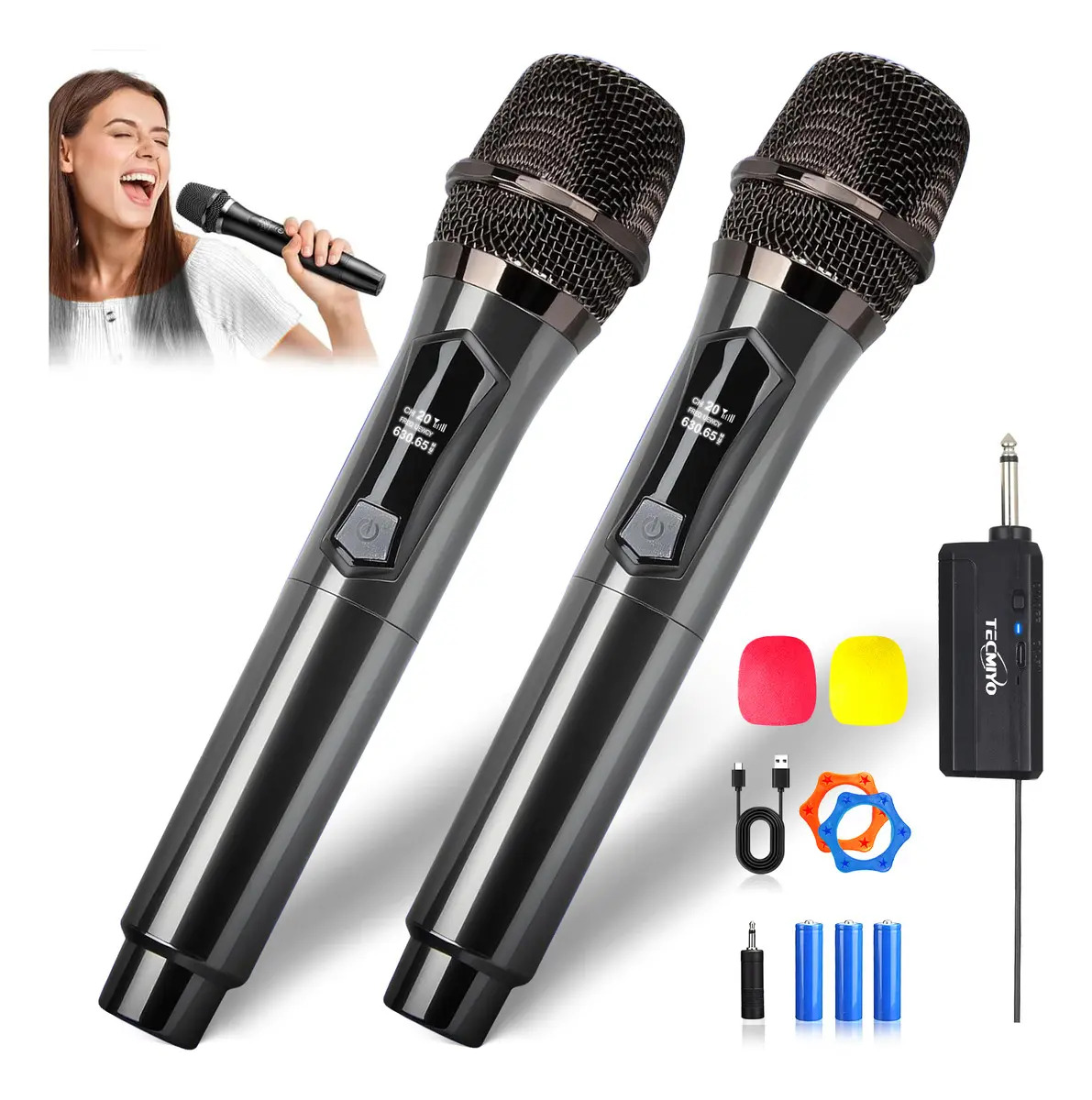Set de Micrófonos Inalámbricos Tecmiyo para Karaoke, Profesional y Recargable con Receptor UHF