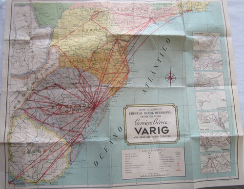 Antiguo Mapa De Rutas Aerolinea Varig Brasil