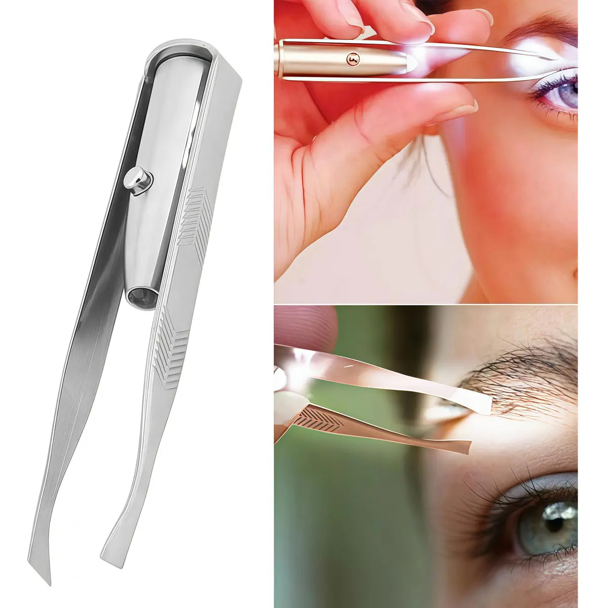 Pinza de Cejas Curva con Luz LED Belmira de Acero Inoxidable para Depilar