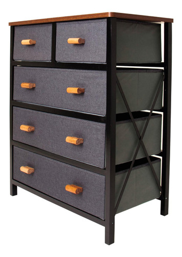 Comoda Cajonera Madera 5 Cajones De Tela Mueble Organizador Color Negro