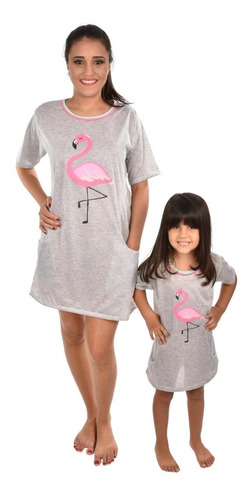 Camisola Mãe E Filha Com Bolso Estampado Flamingo