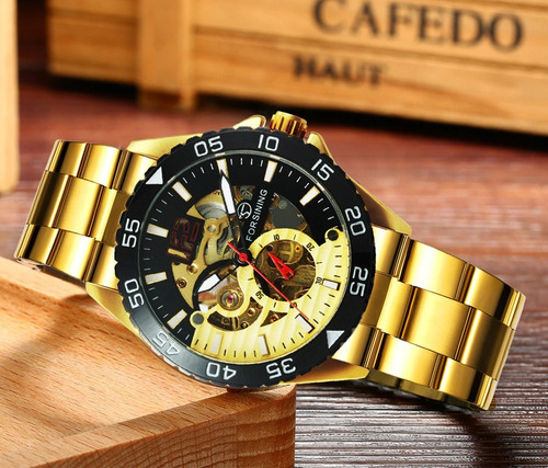 Relógio Masculino Mecânico Automático Luxo Dourado Original
