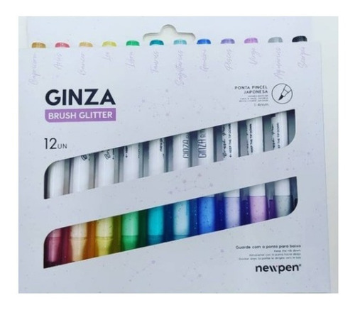Caneta Pincel Brush Ginza  Glitter 12 Cores Newpen 
