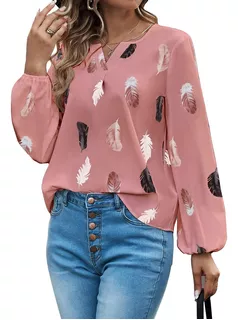 Blusa De Mujer Manga Larga Estampado Cuello V Moda Casuales