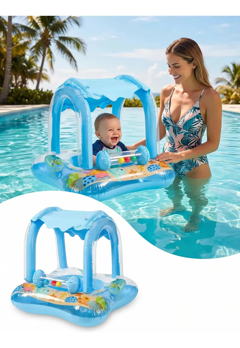 Boia Inflável Bebê Azul Praia Piscina Com Cobertura Inflável Fixa E Chocalho Estímulo Sensorial Assento Anatômico Piscina Segura Lazer Infantil Familia Chacara Verão Aquático Louis