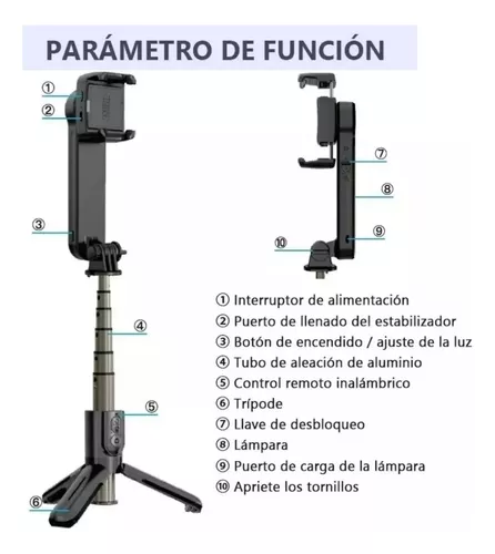 Plegado inalámbrico Selfie Stick Trípode Bluetooth Obturador remoto  Rellenar luz aleación de aluminio Selfie Stck