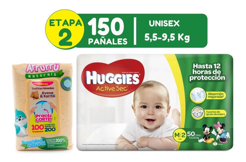 150 Pañales Huggies Active Sec Etp 2 + Obsequio