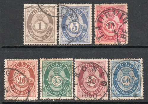 Noruega Serie X 7 Sellos Usados Cuerno Postal Años 1877-78 