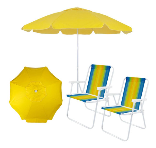 Kit Praia Guarda Sol Amarelo Bagum 1,60 M + 2 Cadeiras Altas