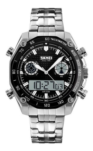 Reloj pulsera Skmei 1204 con correa de acero inoxidable color plateado - fondo negro/gris - bisel negro