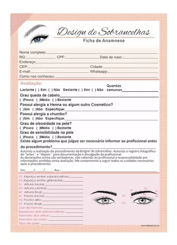 Ficha Anamnese para Desing de Sobrancelhas 14x21cm 50 Folhas - Mega Beleza  Profissional