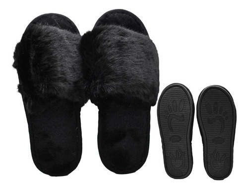 Pantuflas Abiertas Peluche Negras Mujer Dama Invierno