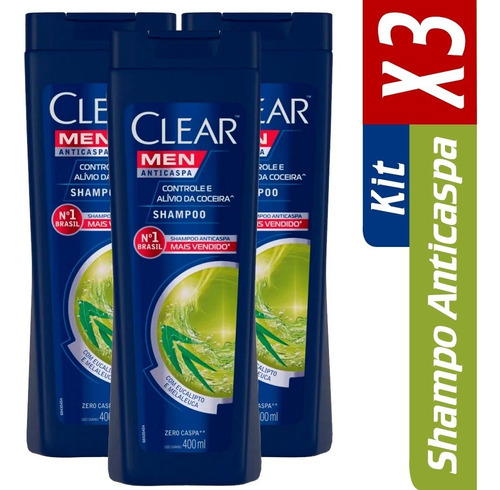 Kit Com 3 Shampoo Anticaspa Clear Men Controle Coceira 400ml