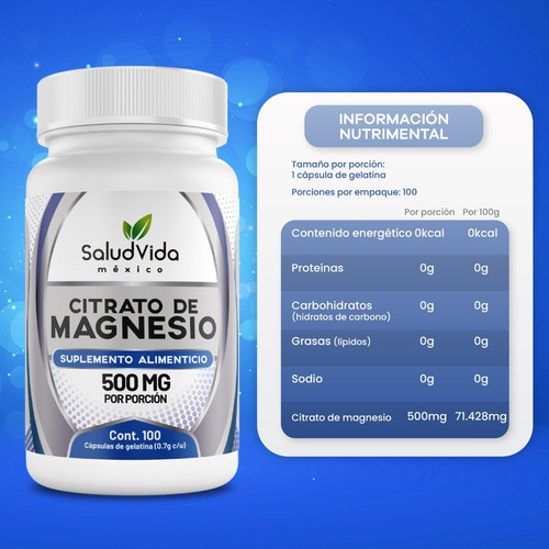 Imagen 2 de 3 de Citrato De Magnesio 500mg 100 Capsulas