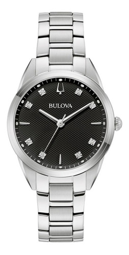 Reloj Bulova 96p236 Sutton Para Dama Original E-watch Color De La Correa Plateado Color Del Bisel Plateado Color Del Fondo Negro