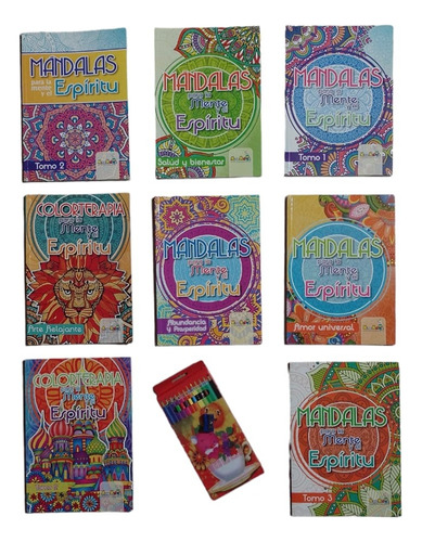 Libros Mandalas Para Colorear X 7 Unidades + Caja De Colores